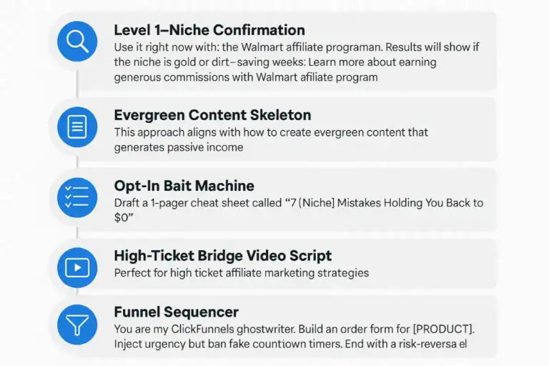 5-Level Prompt Ladder: Niche Confirmation, Content, Opt-in, Video Script, Funnel Sequencer.